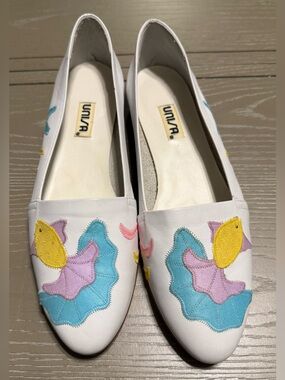 Preppy Resortwear Coastal Hand Crafted White Summer Flats with Colorful Accents